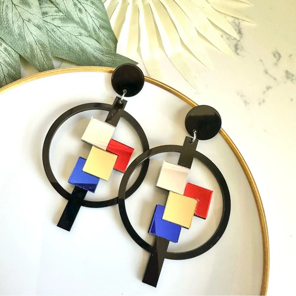 Jewelry - 2/$30🌵 Mirrored Acrylic Pop Art Earrings Geo Square Circle Color Block Mosaic